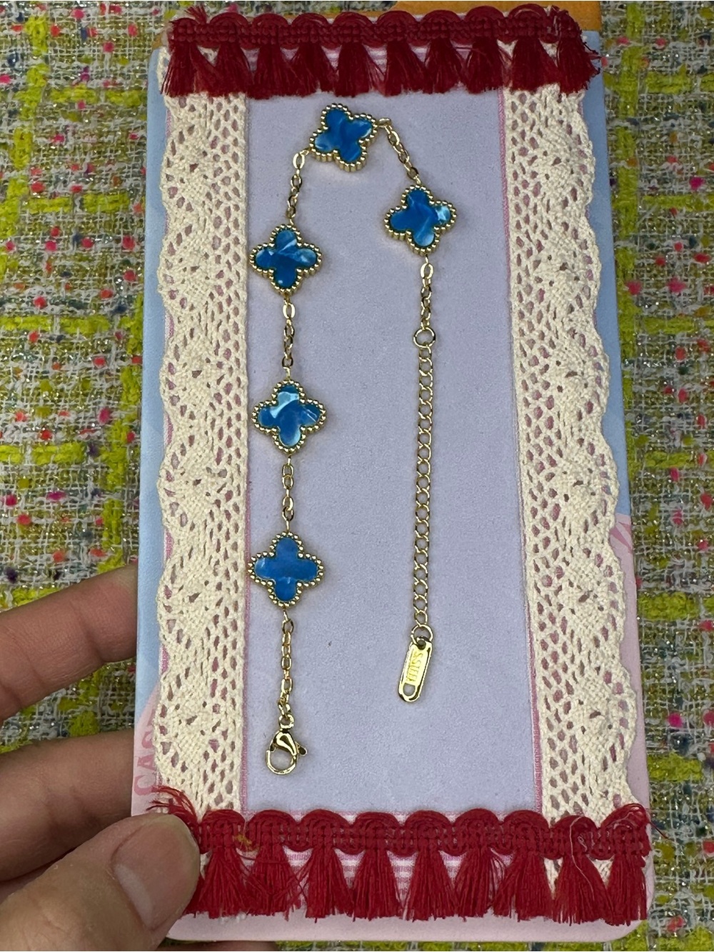 Blue Clover-Pattern Gold Chain Bracelet - Unbranded